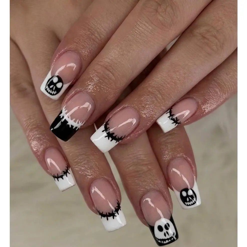 Halloween Nail Art Design with Skull and Stitch