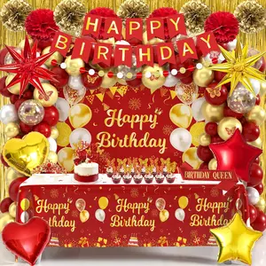 Red and  Birthday Party Decorations for Women Girls with Red and  Balloon Arch Sash Crown Happy Birthday Banner Backdrop Butterfly Cake Topper Fringe Curtain Tablecloth