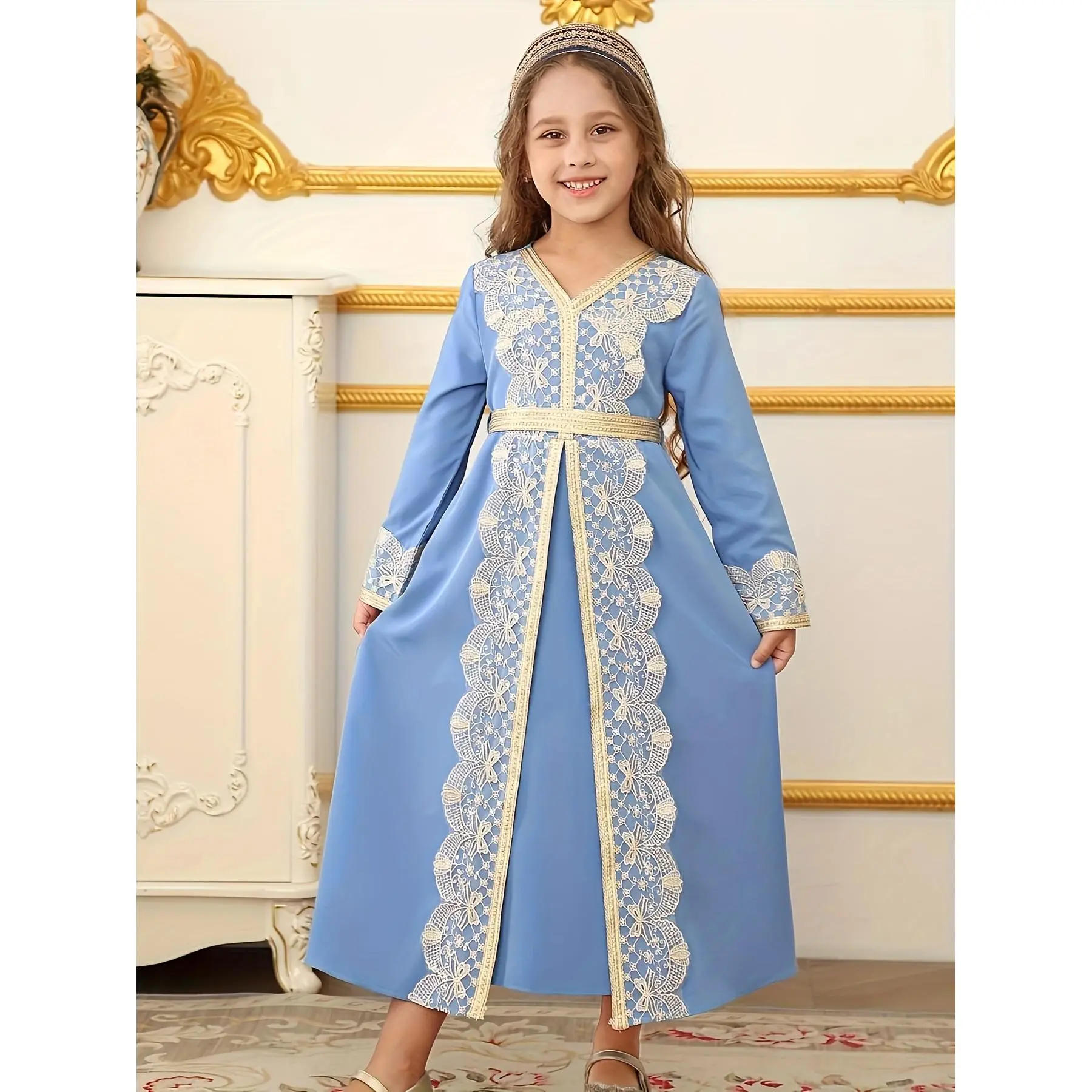 Girls Sky Blue V-Neck Long Sleeve Gold Lace Embroidery Trim Maxi Abaya Dress Matching Thin Belt Single Piece Modest Toddler Eid Party Gown, Elegant Arabian Style Kid Ramadan Holiday Outfit