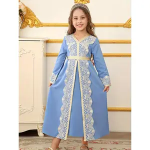 Girls Sky Blue V-Neck Long Sleeve Gold Lace Embroidery Trim Maxi Abaya Dress Matching Thin Belt Single Piece Modest Toddler Eid Party Gown, Elegant Arabian Style Kid Ramadan Holiday Outfit