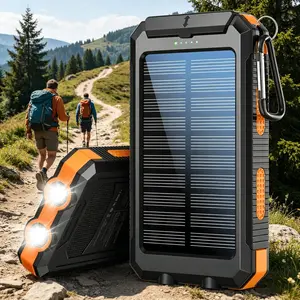 Solar outdoor power bank! 10000mAh large capacity: fast charging dual USB + flashlight. Waterproof shockproof, practical with compass!