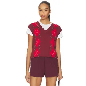 Varley Ruben Argyle Knit Vest Top in Port & Red