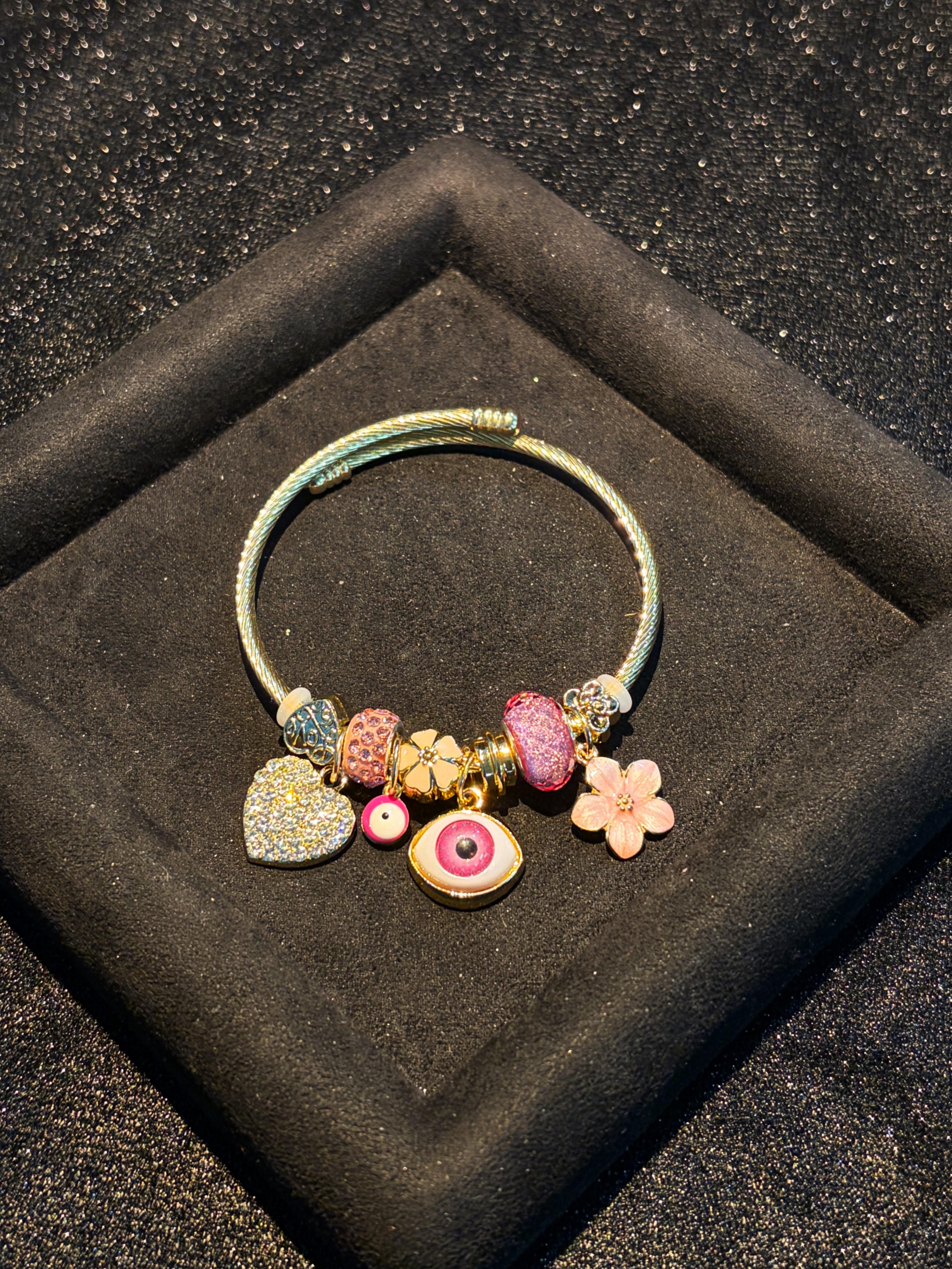 Women's Evil Eye Gold-Tone Open Cuff Bangle, Heart Flower Stackable Costume Jewelry Women's Evil Eye Gold-Tone Open Cuff Bangle, Heart Flower Stackable Costume Jewelry