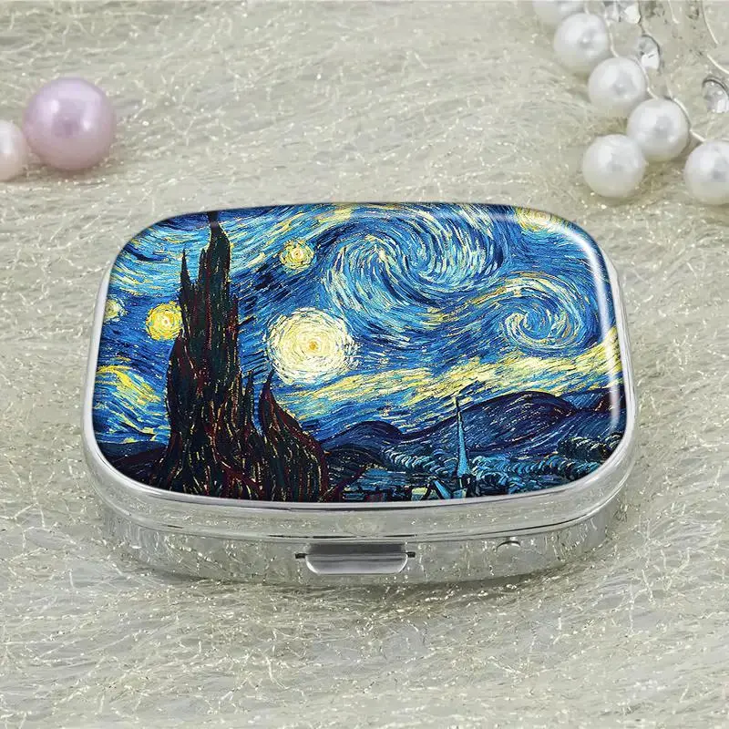 Oil Painting Pattern Storage Box, 2 Grid Pill Case, Vitamin Pill Organizer for Pocket Purse & Travel Gifts, Compact, Travel Essentials