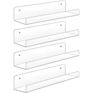 Shelves,4 Pack 15 Inch Floating Wall Mounted Shelves,  Pop Display Case,Invisible  Book Shelf,Picture Ledge Shelf Decor, Bathroom Shelf,Clear