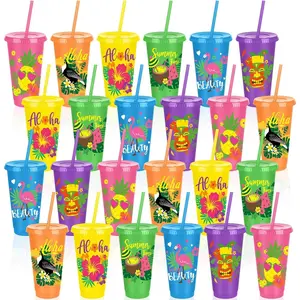 24 count Hawaiian Plastic Cups with  and Straws 24 oz  Party Cups Tumblers Bulk Iced Coffee Drinking Cups Water Bottle Travel Mug for Birthday
