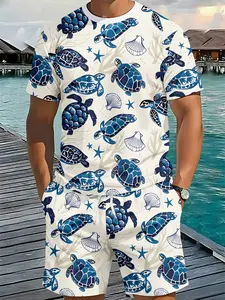 3D Digital Printed Two-piece Set with Blues Turtle Ocean Print, 2Pcs, Trendy Fashion Suit, Trendy Retro Casual Two-piece Outfit, Vacation-style Trendy Wear, Breathable Sports Casual Style, an Ideal Holiday Gift for Men