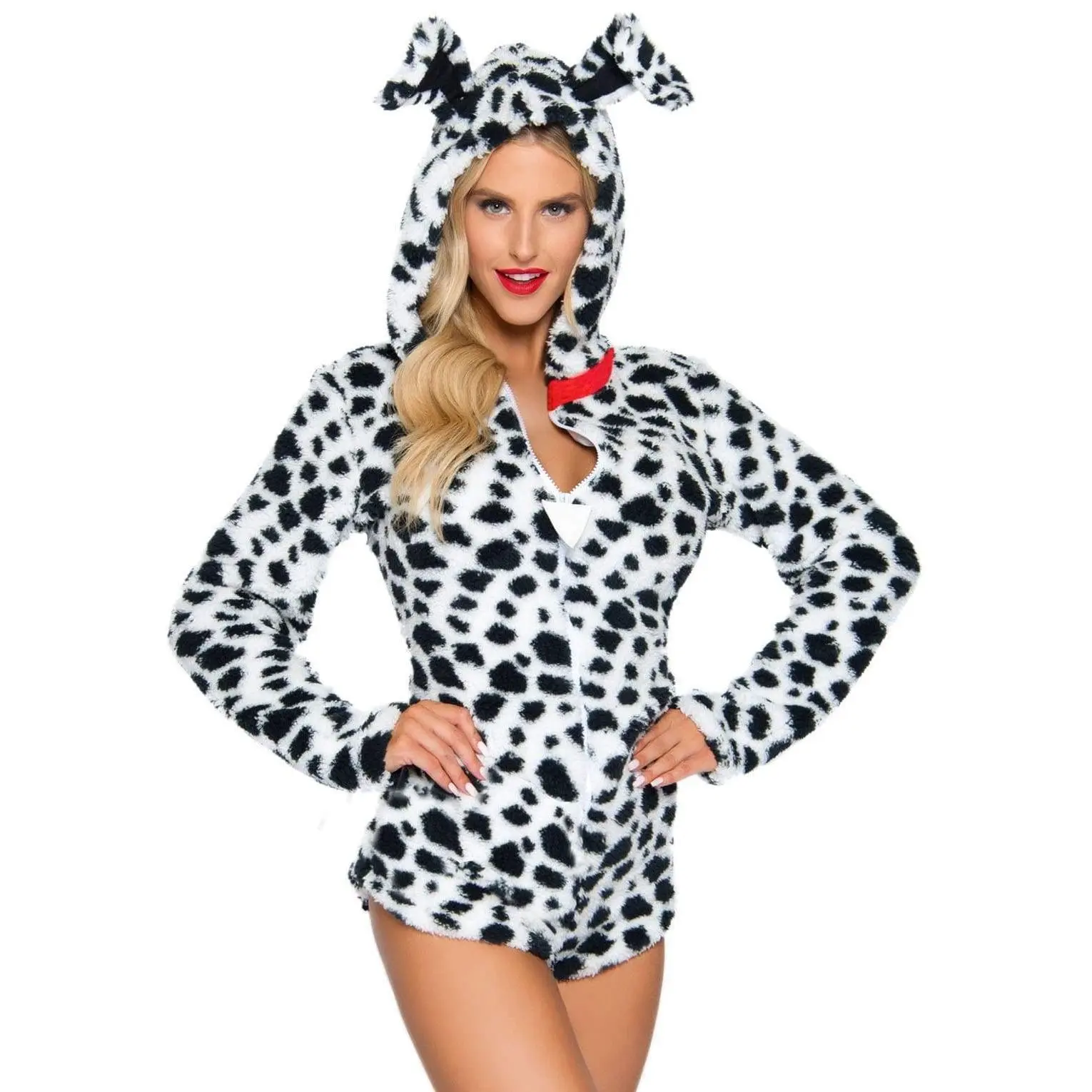 Women's Dalmatian Costume Onesie, Cute Soft Plush Animal Print Bodysuit with Hooded Ears and Tail for Halloween Parties, Zip-Up Bodysuit, Leg Avenue Darling Dalmatian Romper Costume, Clothes