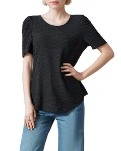 Black round neck bubble sleeve T-shirt, women's short sleeved shirt, flesh blocking and slimming knit top LE-SY040