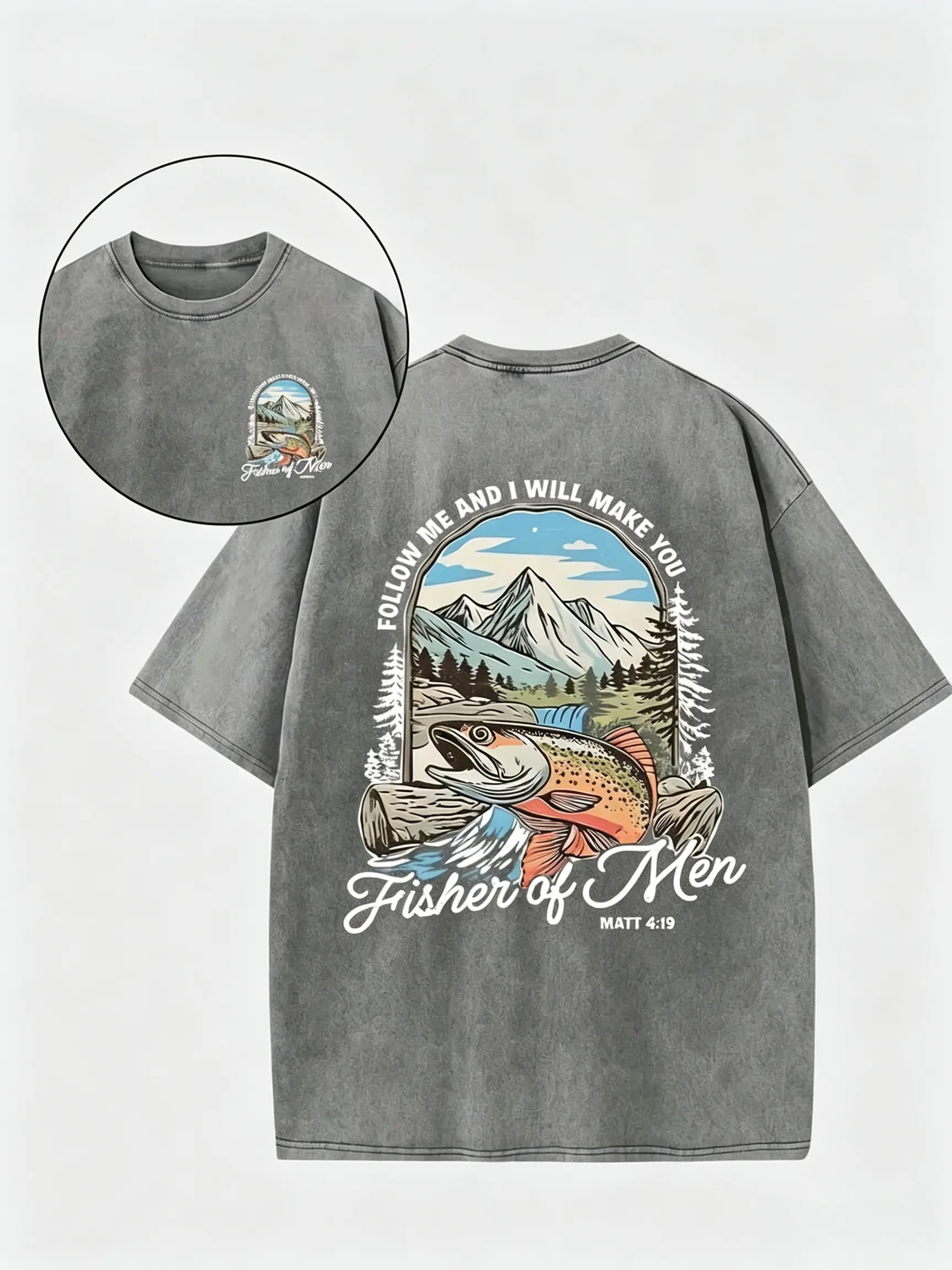 Men's Christian Graphic T-Shirt, Vintage Oversize Cotton Crew Neck with Fisher of Men Trout Print, Washed Black Retro Casual Top