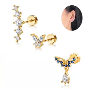 Nandudu 18K Gold 3pcs Earrings Set for Women Butterfly Blue CZ Stud & Ear Climber Stackable Jewelry Hypoallergenic Titanium Steel Secure Comfortable Lightweight Versatile Perfect for Any Occasion