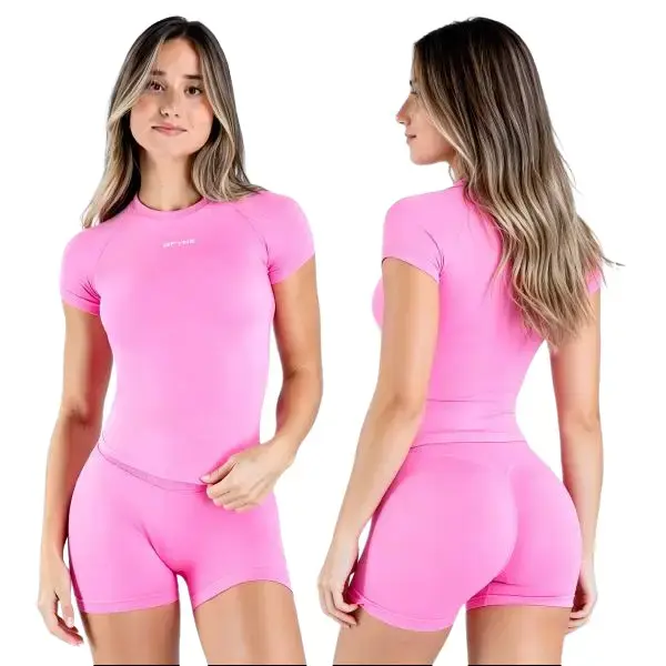 (With Logo) DFYNE Women’s High-Elasticity Sport Set, Short-Sleeve Top and High-Waist Sport Pants.YogaSet，DanceSet，FitnessSet，Cycling，Hiking， ，Running，OutdoorLeisure，Essential items for sports，SportswearSet ，SportsShorts cute
