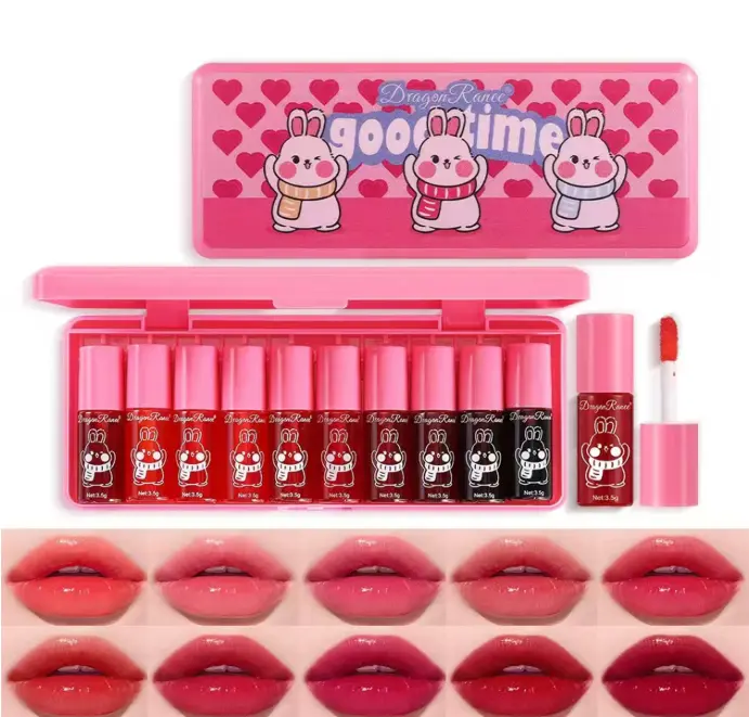 10 Colors Lip Tint Stain Set, Korean Lip Gloss Watery Lip Stain Moisturizing Mini Liquid Lipstick Set, Blush for Cheeks, Lipstick for Women, Non-Stick Cup, Long-Lasting, Vivid Color (Set B)