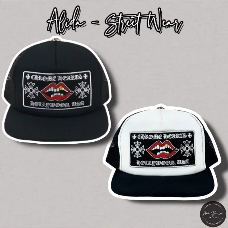 Black Trucker Hat Embroidered Lips Logo, Premium Mesh Snapback Cap, Streetwear Baseball Hat for Men & Women