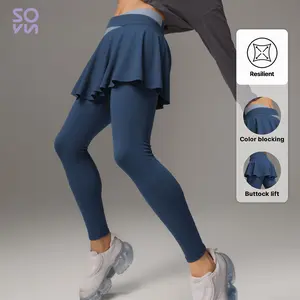 Soyun 2-in-1 Sports Leggings, High Waist Sports Skirted Leggings For Running Tennis Golf, Women's Activewear Fitness Yoga Pants With Skirt Women Fake Two Pieces Sport Legging Gym Push Up Patchwork Crossover High Waist Tight Pants
