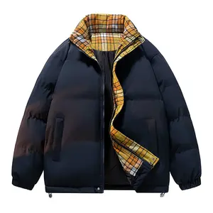 Plaid Spliced Puffer Jacket Men Winter Jackets Mens Thick Warm Zip Up Stand Collar Parka Coats Streetwear Solid Padded Jackets