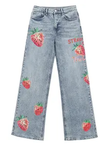 Women's High-Waist Wide-Leg Denim Jeans! High-Rise Medium-Stretch Printed Style—Semi Baggy Jeans Fit, Bedazzled Jeans Sparkle & Still Cool Jeans Vibe! Print has 'STRAW/BERRY' fruit pattern + dark indigo wash, matches Baggy Jeans Outfit.