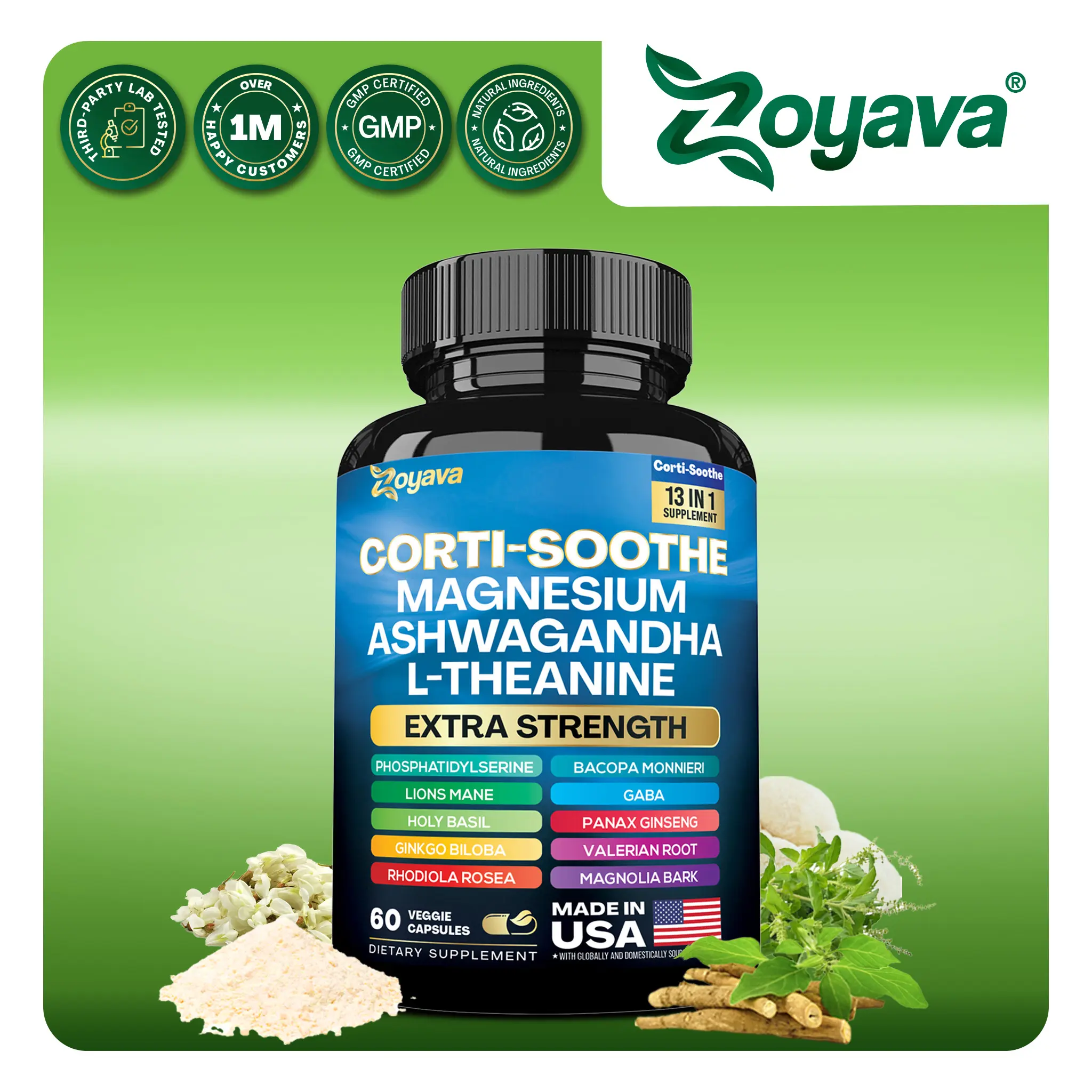 Zoyava Corti-Soothe Supplement, All-in-One Cortisol Supplement with Magnesium, Ashwagandha, L-Theanine & 10+ Extra Strength Ingredients, 60 Capsules, MADE IN USA