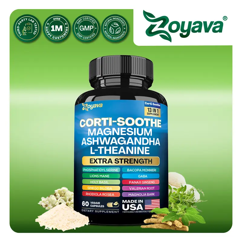 Zoyava Corti-Soothe Supplement, All-in-One Cortisol Supplement with Magnesium, Ashwagandha, L-Theanine & 10+ Extra Strength Ingredients, 60 Capsules, MADE IN USA