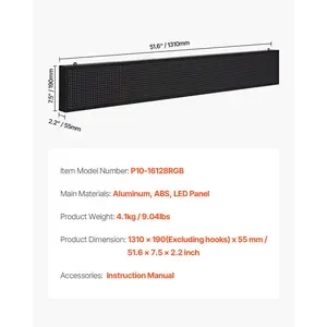 VEVOR Programmable LED Sign, P10 Full Color Flexible Digital Scrolling Panel, DIY Custom Text Pattern GIF Display Board, Bluetooth APP Control Message Shop Sign for Store Business Advertising, 52x8 in