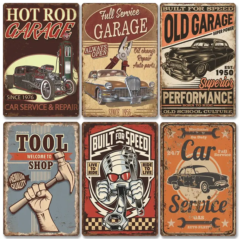 8in x 12in Vintage Tin Sign, Classic Garage Car Service Retro Plaque, Nostalgic Retro Home Sign for Garage Tool Shop Wall Art Decoration, Nostalgic Home Signs