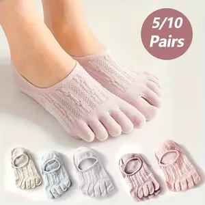 5/10 Double Five Finger Mesh Boat Socks Summer Thread Invisible Shallow Mouth Low Top Split Toe Socks Breathable Sweat Absorbing Light Color Versatile Short Socks