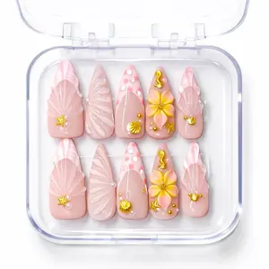 Sugarcoat Nails Handcrafted Luxury Colorful Gel Press-On Nails with 3D Art | Reusable & Sturdy, Glue Included - Pink Pastel Style, Stiletto