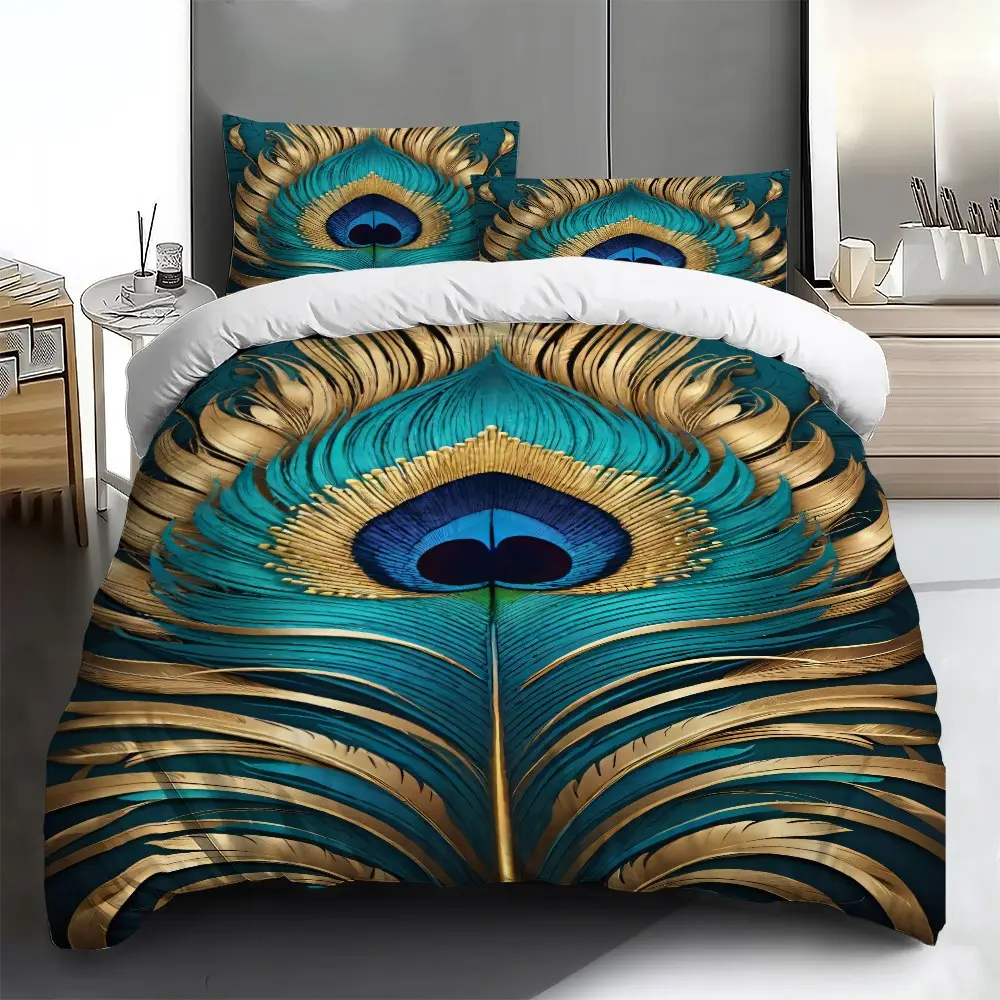 Three-piece bedding set - 2pcs/3pcs 2D Flat Blue and Gold Peacock Feather Pattern Duvet Cover Set (1 duvet cover + 1/2 pillowcases, no insert), multi-color printed bedding set, soft and comfortable, suitable for family bedrooms and guest rooms.