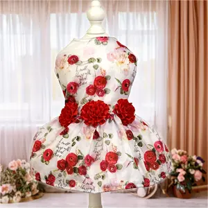 Cherry & Floral Print Dog Dress - Summer Princess Tutu Skirt for Small to Medium Dogs, Pink & Red Pet Apparel with 3D Cherries and Roses, Polyester Fabric, Sizes S to XL, Dresses for Dogs