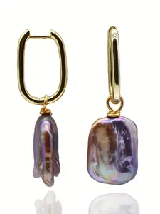 True Pearl Earrings, Rectangular Natural Freshwater Baroque Pearl Pendant, Vintage Ear Cuff, Easy Wear, Stainless Steel Chain