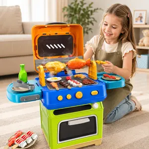 Kids BBQ Grill Pretend Play Set, 2-Tier Play Kitchen Toy With Oven And Smoke Effect, Light And Sound Cooking Playset, Outdoor Barbecue Role Play Toy, Perfect Gift For Boys Girls Ages 4-8
