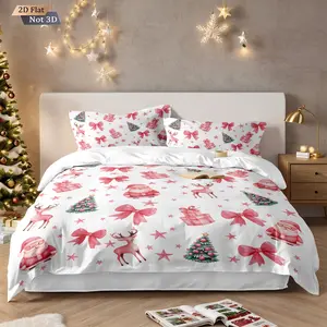 Christmas Theme 3-Piece Bedding Set, Bowknot & Santa Claus, Polyester Fiber, Fitted Sheet and Two Pillowcases