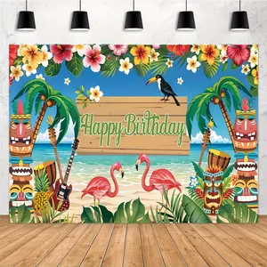 Hawaiian Beach Flamingo Happy Birthday Vinyl Backdrop - Perfect for Party Decor, Photo Booths & More - Available in 2 Sizes, Wall Sign, Holiday Party Supplies, Photography Banners Ornaments