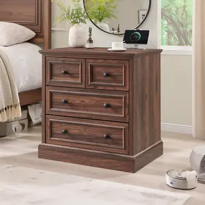 LINGMU Classic Four-Drawer Bedside Cabinet with Charging Station Large Bedside Cabinet with Retro Round Knob Classic Wooden Nightstand Suitable for Living Room and Bedroom (Brown)