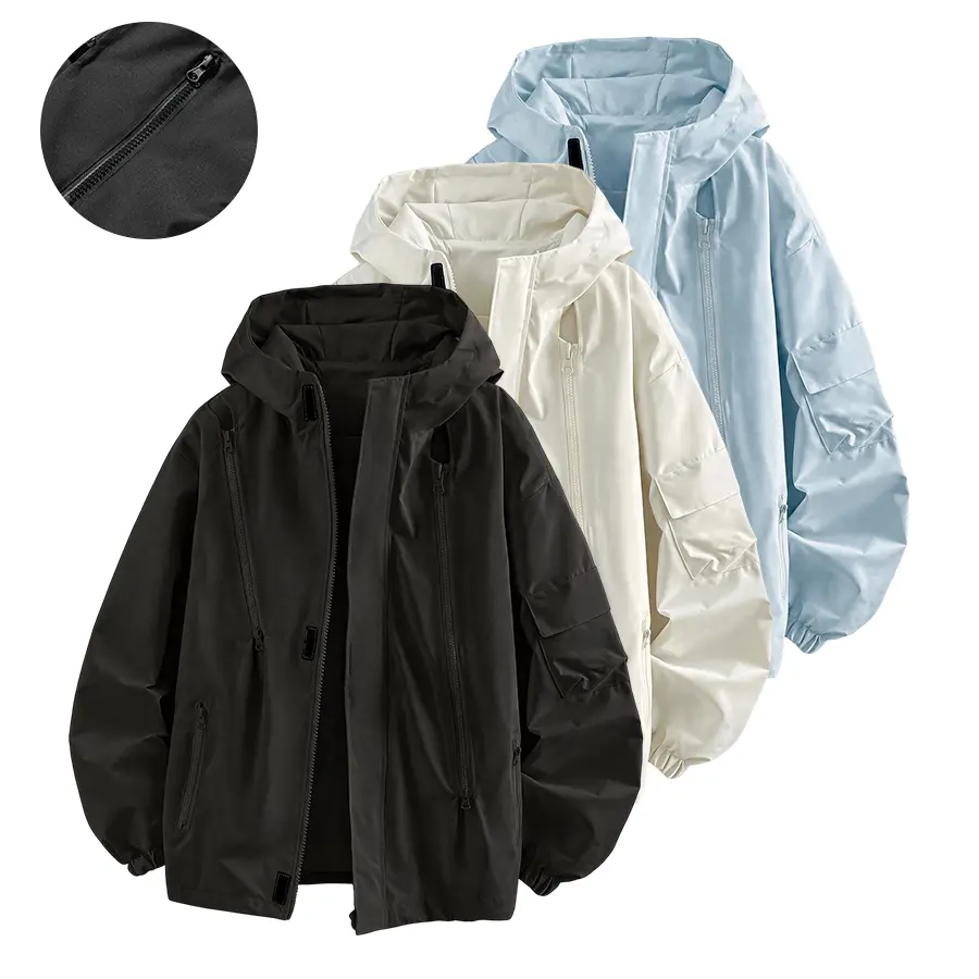 Men’s hooded windbreaker jacket, water-resistant fabric loose cargo outerwear with multiple zippered pockets, everyday outdoor casual top