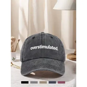 Vintage-Washed "Overexcited" Dad Hat, Unisex Casual Baseball Cap with Bright Text, Adjustable and Lightweight 100% Polyester for All-Weather Sun Protection, Cool Hats, 100% Polyester Hats