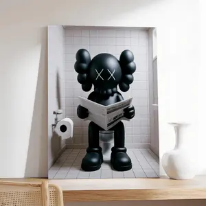 Kaws Sitting On Toilet Reading Newspaper Poster, Hypebeast Figure Print, Black Kaws Minimalist Decor Y2K Room Wall Decoration