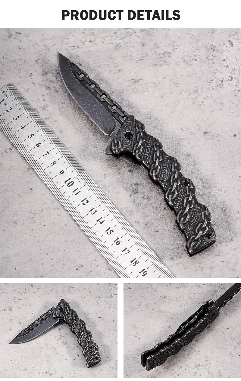 EDC multifunctional lock chain tactical outdoor folding knife, made entirely of steel; convenient pocket/belt clip for easy carry; outdoor cutting tool designed specifically for climbing and fishing; a camping and hiking essential.