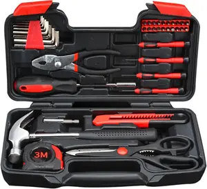 39-Piece Household Tools Kit with Plastic Toolbox - Small Basic Home Tool Set for College Students & Household Use - Includes Hammer, Wrenches, and More
