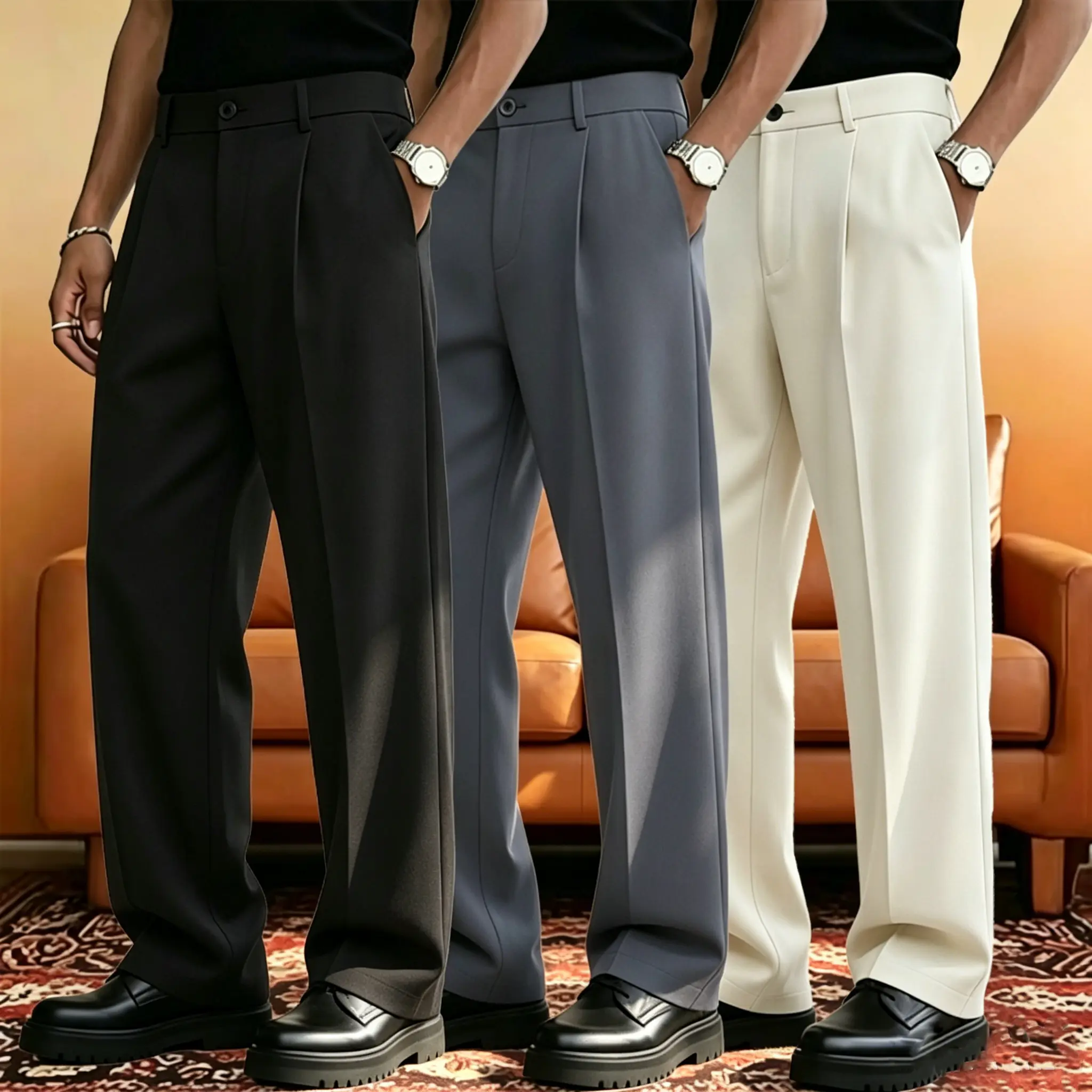 Men's Ice Silk Casual Dress Trousers - High Waist, Loose Fit, Drapey Pleated Straight-Leg Slacks, All Season Breathable Formal Suit Bottoms with Free Belt Gift, Mens Clothing
