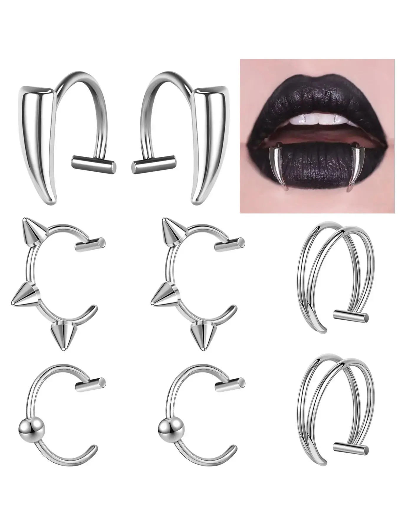 Stainless Steel Fake Lip Ring Vampire Teeth Ring, Adjustable Fake Lip Piercing Non-Piercing Lip Cuff Labret Jewelry For Women Men Halloween Fashion Body Jewelry Fake Piercings High Quality Jewelry