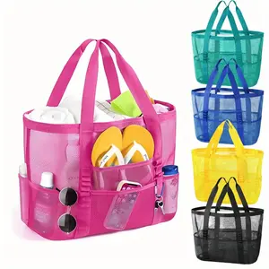 Large Capacity Beach Bag Sandproof Mesh Beach Pool Travel Storage Tote Bag Multi-Pocket Design Family Vacation Essential Beach Bag