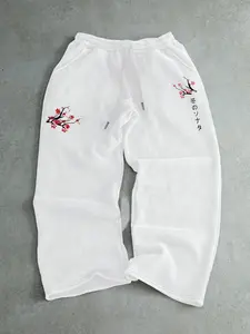 Men's Cherry Blossom Embroidery Sweatpants, Regular Fit Casual Comfy Jogger Pants for Spring & Fall, Men's Trousers for Daily Wear