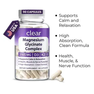Clear Magnesium Glycinate Complex Supplement, Magnesium Bisglycinate 160mg with Vitamin D3 5,000 IU, K2 MK-7, Vitamin E & Aloe Vera, Daily Sleep Support, Calm Mood, Muscle Recovery & Bone Health, Gentle Absorption, 1 Capsule Daily, Melatonin-Free Capsules