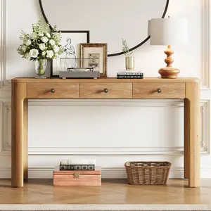 Rustic Console Table with Curved Corners for Safety, Entryway Table with 3 Concealed Drawers, Sturdy Sofa Table with Thick Legs for Hallway & Living Room
