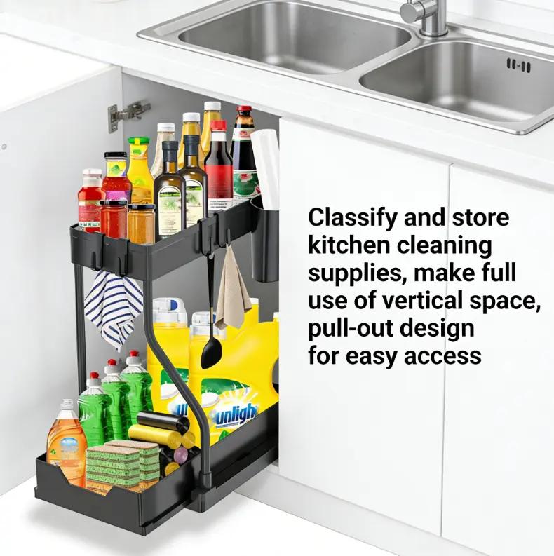 Under Sink 2-Tier Sliding Organizer with Frame, Pull-Out Storage Basket, Space-Saving for Kitchen, Bathroom, Laundry Room