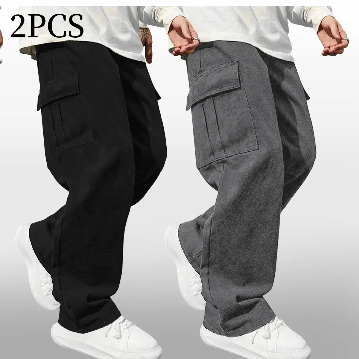 Teen Boys 2-Pack Solid Color Cargo Pants Multi-Pocket Casual Straight-Leg in Black & Gray Teen Boys 2-Pack Solid Color Cargo Pants Multi-Pocket Casual Straight-Leg in Black & Gray