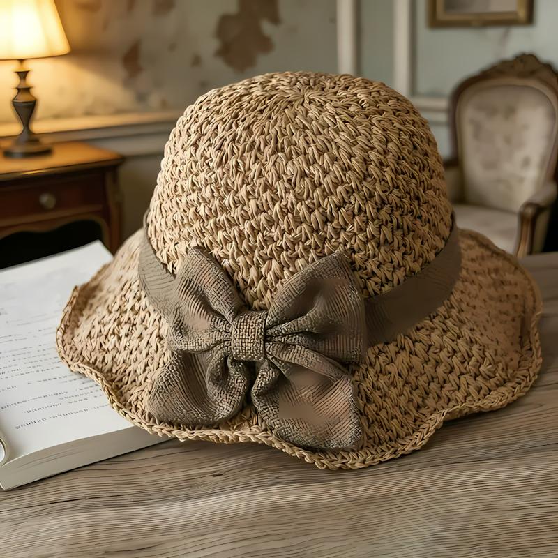 Vintage Woven Handmade Straw Hat with Ruffle Bow, Elegant French Style Sun Hat, Foldable & Breathable Beach Hat for Travel & Outdoor