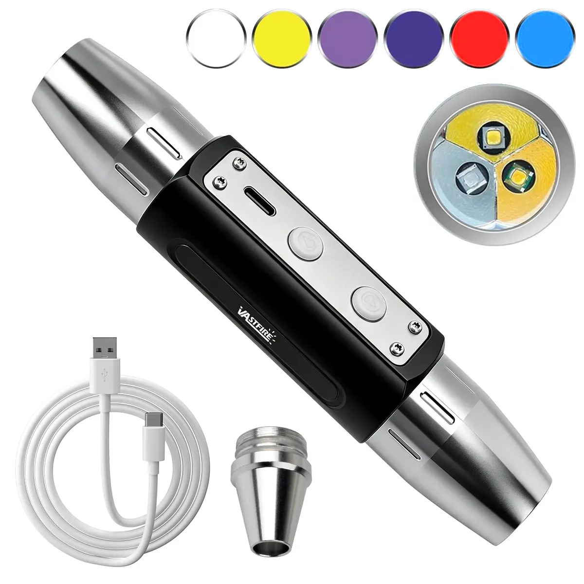 Dual-Head LED Flashlight with Stainless Steel Head and 6 Light Sources, 365-395nm UV, USB Rechargeable for Jewelry & Gemstone Inspection, Led Light, Batteries, Usb Port, Usb Cable