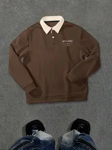 Men's Solid Color Half Button Fitted Polo Knit Hoodie, Casual Outdoor Pullover Sweatshirt Tops, Fall Winter Fashion, Long Sleeve Drop Shoulder Design